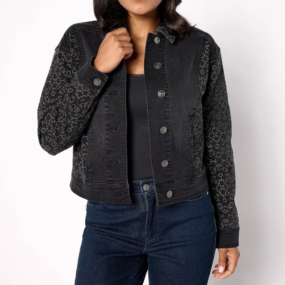 LOGO Lab by Lori Goldstein Denim Jacket with Eyelet Embroidery Black Size 6